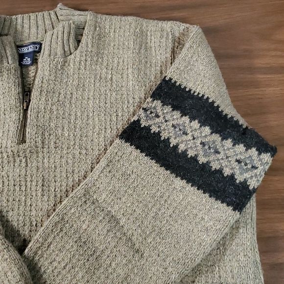 Vtg Lands End Mens XL Army Olive Green Nordic Ski Sweater Wool Faire Isle ¼ Zip - Picture 3 of 8